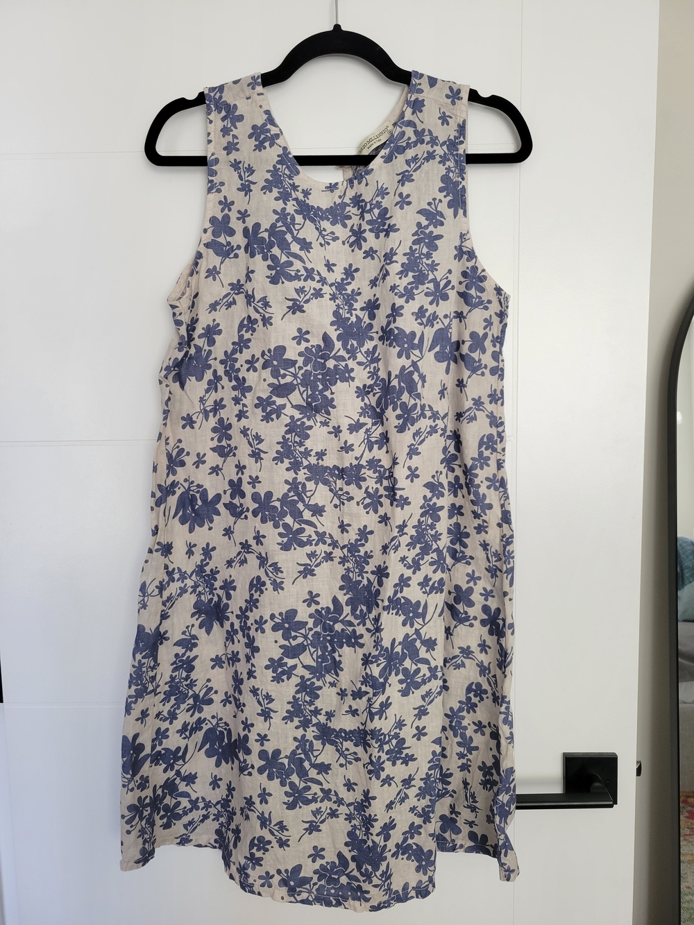 100% Linen Sleeveless Blue Floral Midi Dress - Blue on White